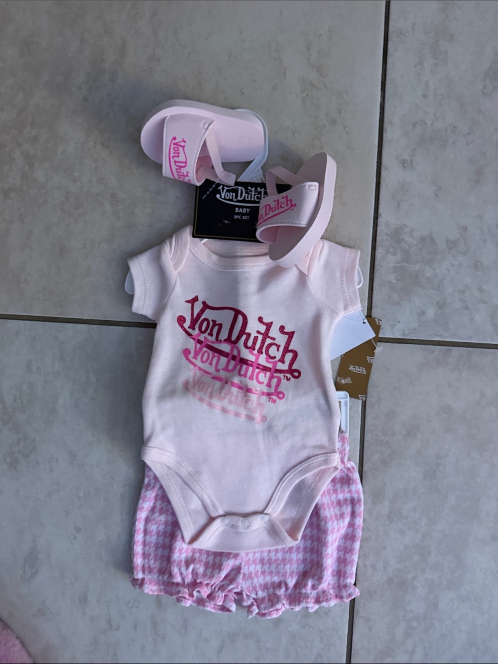 Von Dutch Pink Baby Logo Onesie Set with Pink Houndstooth Shorts